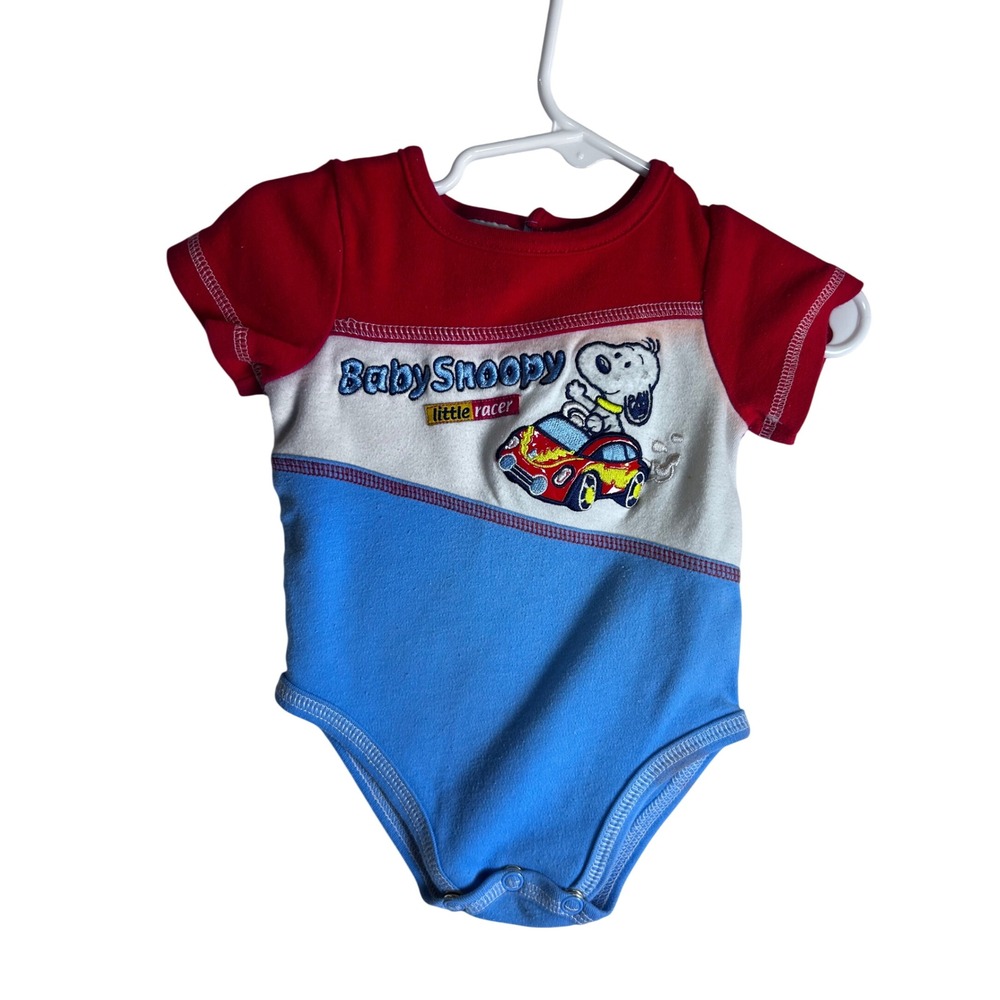 Baby Snoopy Bodysuit 0/3M Blue Red Little Racer Embroidered Peanuts Infant Boy